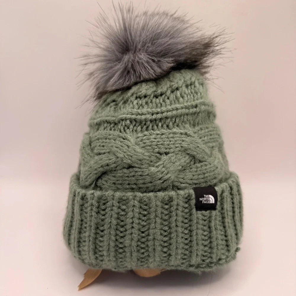 The North Face Kids Triple Cable Beanie Laurel Wreath Green Faux Fur Pom Pom‎